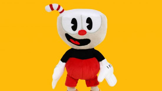 Cuphead Plush: a plush version of the character Cphead isshown against a yellow background
