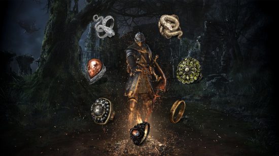 A gloomy character standing in front of a fire surrounded by Dark Souls rings