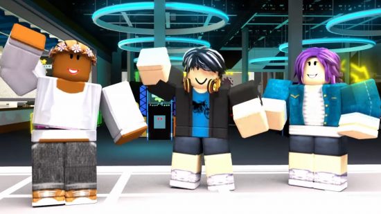 Dave and Buster's World Roblox game characters waving outside the arcade