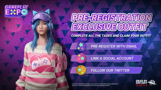 Dead by Daylight Mobile relaunch: Details of the pre-registration exclusive Feng Min outfit, showing a woman with long blue hair and a purple baseball hat wearing blue glowing cat ear headphones and a stripey pink and white jumper with a game controller in a heart on it.