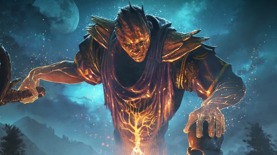 Dead by Daylight Mobile relaunch: Key art of a giant fire golem guy grabbing someone's head in a forest at night.