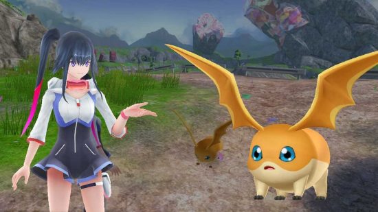 Digimon World: Next Order Switch review - the protagonist and a Patamon having a chat in the wilderness