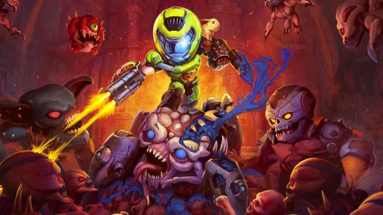 Doom mobile game art showing a cute figure of the Doom Guy, a green armoured spacesuit wearer with a helmet, slashing the brains of some strange blue-eyed demon, alongside other demons in some red hellscape.