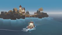 Dredge review - the boat sailing towards a dock on a coastal town