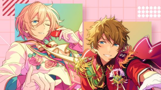 Ensemble Stars Music Valentine's Day: Two Enstars idols, one with pink hair in a white suit and one with brown hair in a red military-esque uniform, on a pink background with pastel geometric elements.