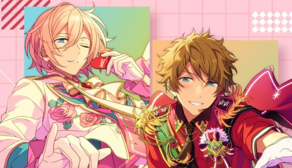 Ensemble Stars Music Valentine's Day: Two Enstars idols, one with pink hair in a white suit and one with brown hair in a red military-esque uniform, on a pink background with pastel geometric elements.