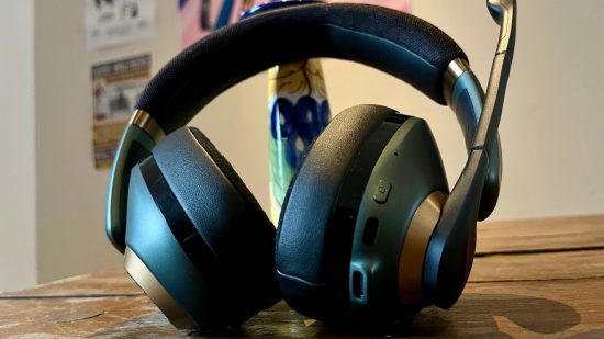 Epos H3Pro review - a pair of over-ear headphones with a microphone extended showing the underside.