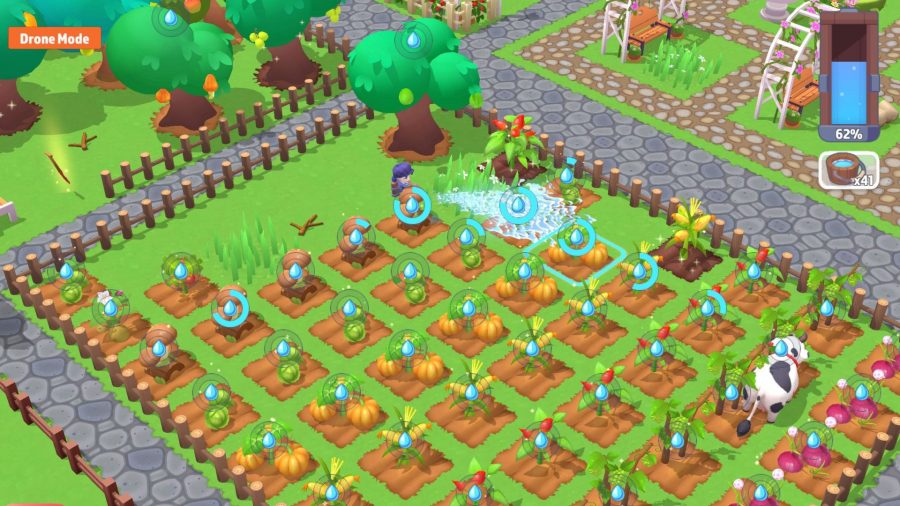 Farmside: A screenshot of the player watering their crops in Farmside