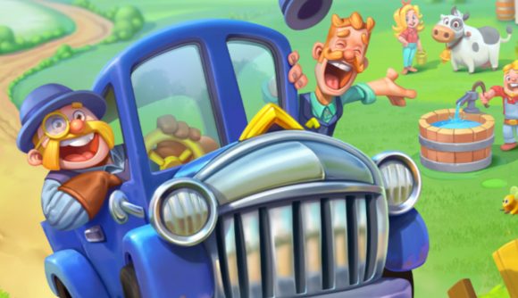 Farmside release date: A cartoon image of two yellow haired and moustached men leaning out of the windows of a blue truck as they drive down a road next to a green field with a well and some cows in it.
