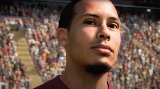 FIFA 23 Switch header showing a man from the reveal trailer, a closeup of her face, hair in a ponytail, background showing a blurry crowd in the stands.