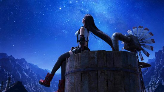 Final Fantasy wallpaper: key art for FFVII shows Tifa staring up at a starry night sky