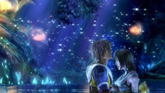Final Fantasy wallpaper: a scene from FFX shows the characters Tidus and Yuna embracing in a pool of water