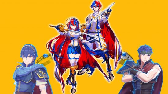 Fire Emble Engage rings: Key art from Fire Emblem Engage shows the male and female versions of Alear in the foregroun, while Marth and Ike are visible in the background