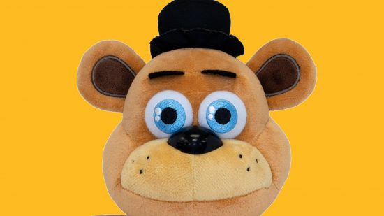 Custom image of FNAF plush head, with a close up of a Five Nights at Freddy's plush toy
