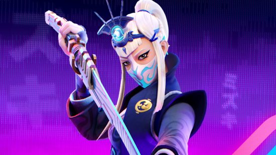 Fortnite download art showing a woman with a. sword and a face mask with white hair tied up against a purple background.