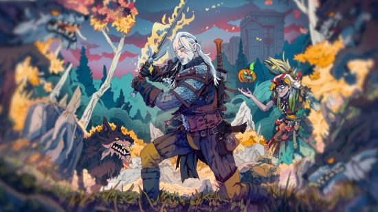 Geralt of Rivia Fortnite Chapter Four Season One: Intricate promotional art of Geralt of Rivia weilding a flaming sword with a wolf next to him. There's an old guy behind him with a jack-o-lantern and the sky is red.