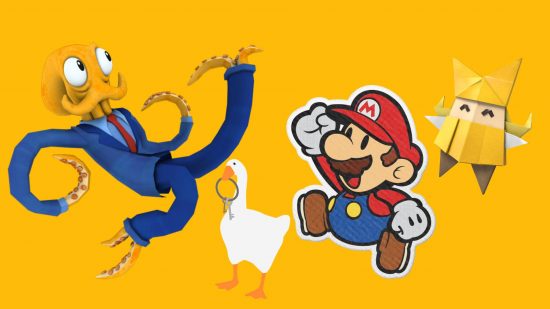 Funny games: characters from Paper Mario, Octodad, and Untitled Goose Game are visible against a yellow background