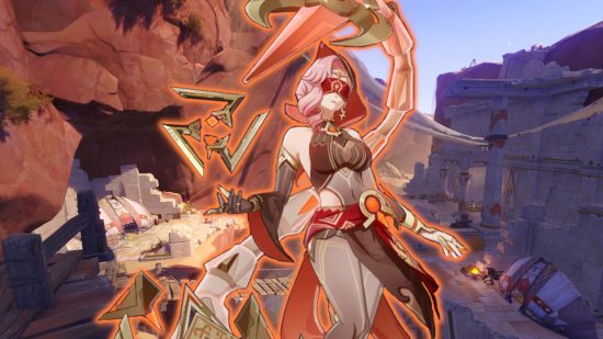 Genshin Impact Babel: The character model for the Eremite Scorching Loremaster with her tail out, outlined in orange and superimposed onto a background of the Tanit Camps.