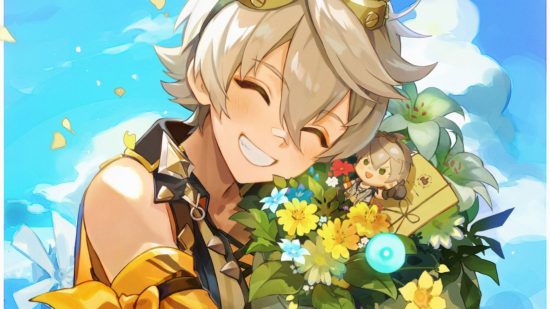 Genshin Impact Bennett's birthday art showing him with a bunch of flowers