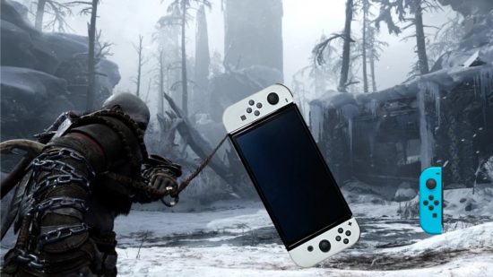 A Nintendo Switch hooking Kratos while a joy con watches one