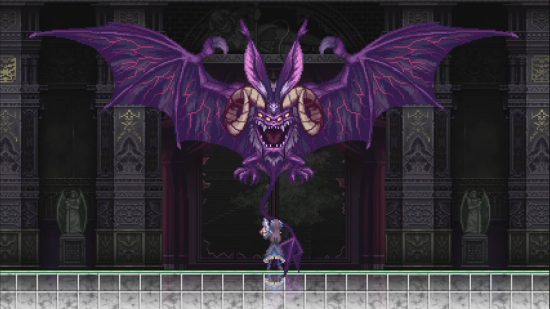 Grimm Guardians review: a pixelated screenshot shows two sisters fighting demons in a haunted castle