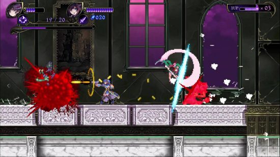 Grimm Guardians review: a pixelated screenshot shows two sisters fighting demons in a haunted castle
