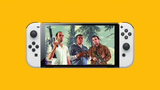 GTA V Switch mockup showing a Nintendo Switch OLED Model flat, with two white joy cons attached, superimposed onto a mango yellow background, with art from the game appearing on the screen. In the art are three men, a man with five-oclock-shadow and an assault rifle rested on his shoulder nonchalantly, a receding hairline and a button up white shirt. Next to him in the middle is a man in a blue shirt holding binoculars with shaved hair. Lastly, on the right, is a man with an assault rifle in both hands, short back and sides black hair, and a brown leather jacket.
