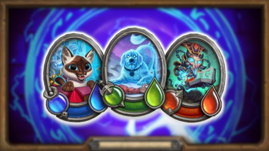 Hearthstone Mercenaries final update: Three new Mercenaries (a cat, a ghost dog, and a death creature) pasted onto a blurred backgroujnd of a swirling purple portal Hearthstone game board.