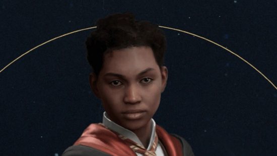 Hogwarts Legacy companions - Natasi against a dark blue background in her Gryffindor robes
