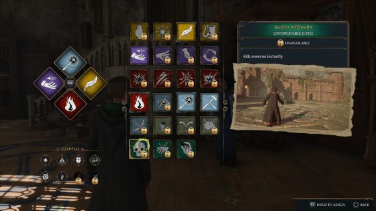 Hogwarts Legacy dark arts - a screen that shows the spell selection page with avada kedavra selected