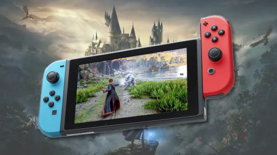 Hogwarts Legacy switch release date - A Nintendo Switch against a blurry background that shows Hogwarts