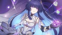 Honkai Impact update - a woman in a fantastical white dress with long black and white gloves and bluehair in a bob floating in a mystical purple and blue lights in art for Honkai Impact.