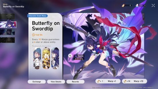 Honkai Star Rail banner - the Butterfly on Swordtip banner featuring Seele