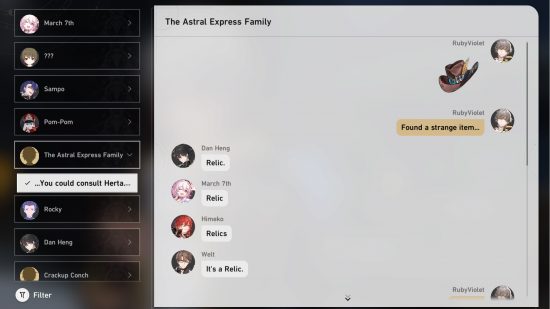 Honkai Star Rail relics - a text conversation between all of the Astral Express crew discussing relics