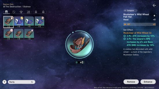 Honkai Star Rail relics: A screenshot of a menu showing a close-up of a cowboy hat relic and the other relics owned by the player.