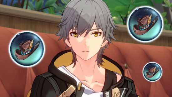 Honkai Star Rail relics: The male HSR protagonist looking at the camera. He has cropped grey hair and amber eyes and wears a black hoodie with yellow details. Around him three bubbles float showing a cowboy hat relic.