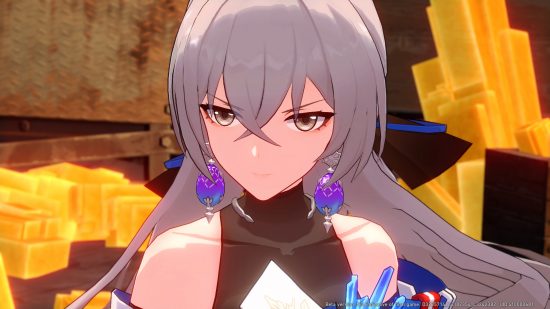 Honkai Star Rail relics: Vronya, a white woman with long grey hair and large purple and blue egg-shaped earrings, looking angry on a background of yellow crystals.
