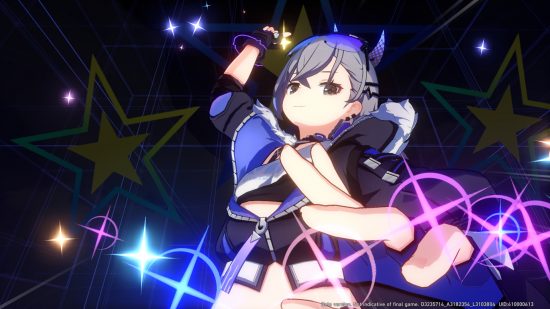 Honkai Star Rail relics: Silver Wolf, a white woman with dark grey hair in a ponytail with purple glasses on her head, activating her ultimate by raising her right hand.