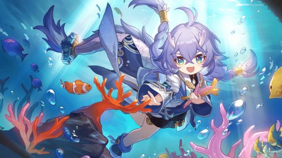 Honkai Star Rail relics: Bailu, a small white girl with horns and a long purple plait, swimming under the ocean collecting coral using her dragon tail.