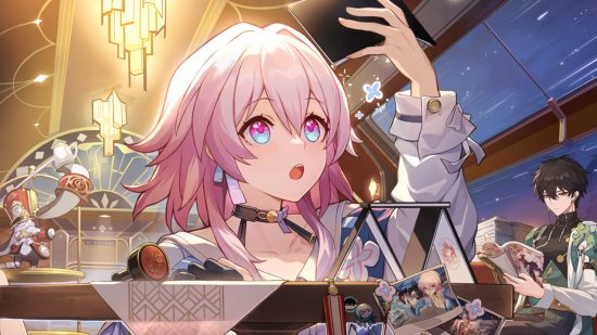 Honkai Star Rail wallpaper showing March 7th looking at a book
