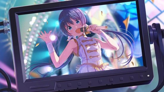 Idoly Pride release date: A key illustration from Idoly Pride showing an idol singing on a screen