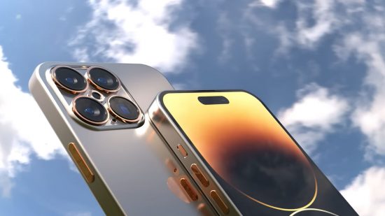 A promotional image of the iPhone 15 against the sky