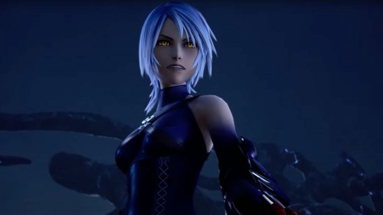 Kingdom Hearts Aqua, a woman with blue hair in a sort of bob, a black sleeveless armour that looks like leather, with straps in a cross across the chest, spiky boots and a key as a blade. Here, she's standing in a dark place, looking fierce against a night sky.