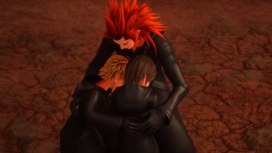 Kingdom Hearts Axel hugging Roxas and Xion