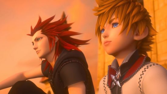 Kingdom Hearts Roxas and Axel sitting on the tower roof 