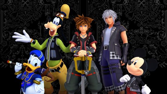 Kingdom Hearts' Sora in the middle of four other characters. He is a boy with spiky hair and a black and red fantasy outfit, hands rested on a giant key like a walking stick. Next to him are goofy and donald duck on the left, a large dog-like cartoon humanoid and smaller yellow-billed duck respectively. On the right is a man with grey hair and Mickey Mouse, a small cartoon character with large round black ears.