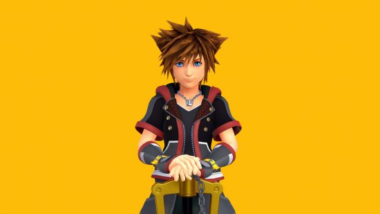 Kingdom Hearts' Sora superimposed on a mango yellow background. He is a boy with spiky hair and a black and red fantasy outfit, hands rested on a giant key like a walking stick.