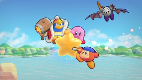 Kirby’s Return to Dream Land Deluxe review - Kirby, King Dedede, and Spear Waddle Dee riding a star as Met Knight flies behind them