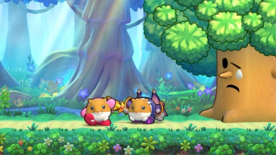 Kirby’s Return to Dream Land Deluxe review - two players wearing Rick masks and celebrating victory