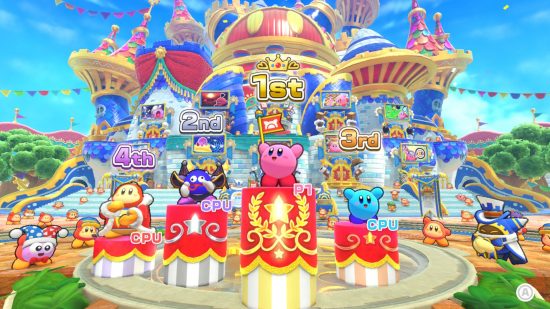 Kirby’s Return to Dream Land Deluxe review - a group of characters celebrating in Merry Magoland